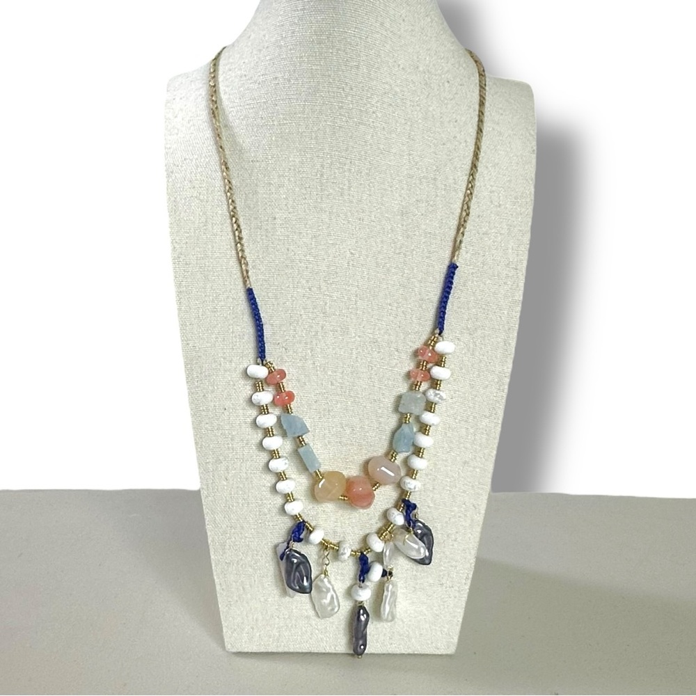 Free People Ariana Ost Bohemian Beaded Layered Necklace Saltwater Pearls Crystal